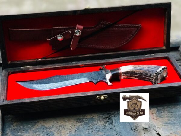 Custome Handmade High carbon Damascus steel Bowie knife and leather sheath with wooden box. - Image 2