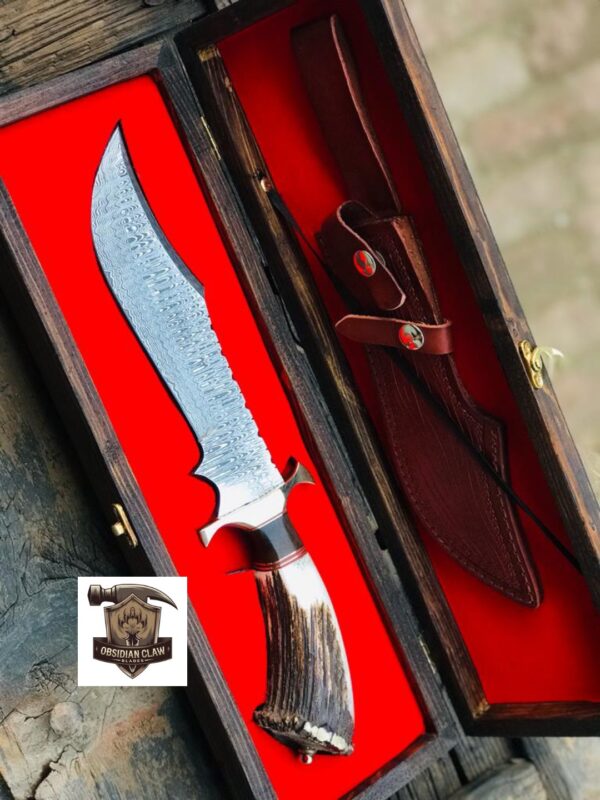 Custome Handmade High carbon Damascus steel Bowie knife and leather sheath with wooden box. - Image 3