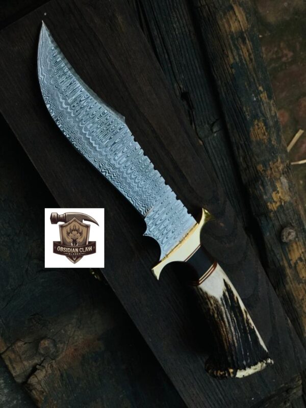 Custome Handmade High carbon Damascus steel Bowie knife and leather sheath with wooden box. - Image 4