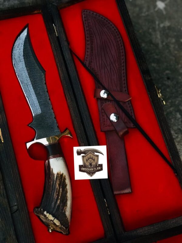 Custome Handmade High carbon Damascus steel Bowie knife and leather sheath with wooden box.