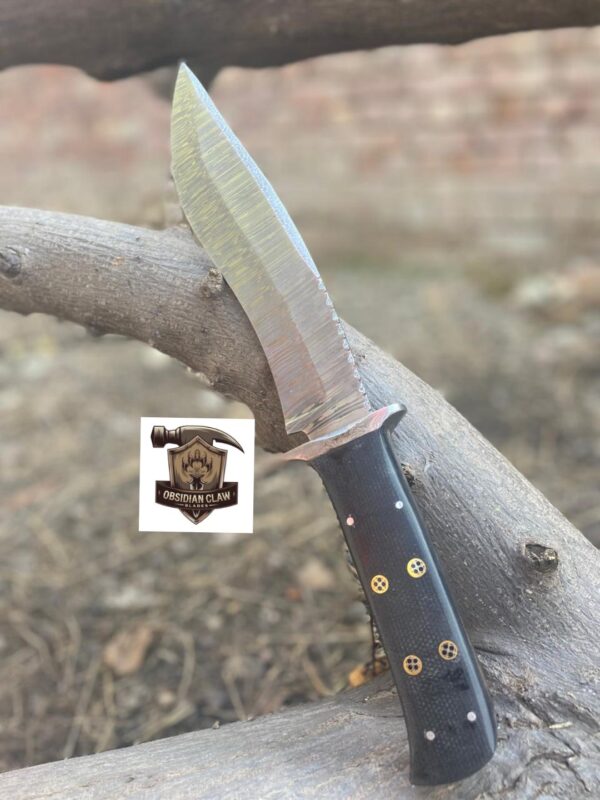 Handmade High carbon Damascus steel Bowie knife with leather sheath.  
Blade Length: [9 ] inches
• ⁠•	Overall Length: [14 ] inches
•	Blade Material: [Damascus steel]
▪︎ Handle Length:  [5] inches.  
•	Handle Material: [Bloster Damascus, Black Micarata, Moasic pin]