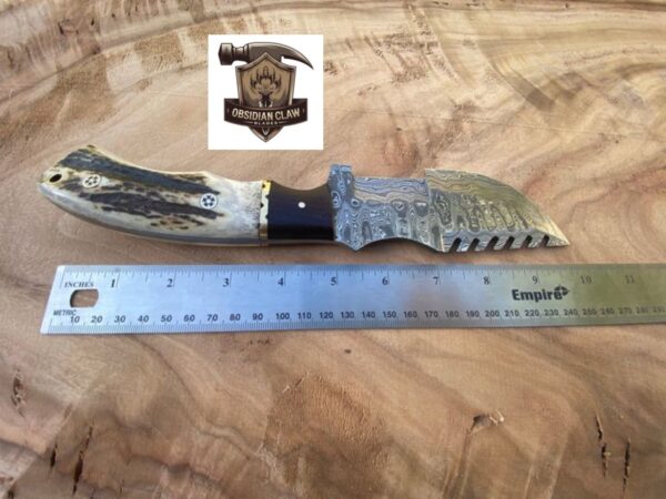 Unique Handmade Damascus Steel Blade "11"Tracker Knife With Unique Stag Handle and leather sheath. 

Overall length: 11 inches. 

Handle Length: "5"

Blade Length: "6"