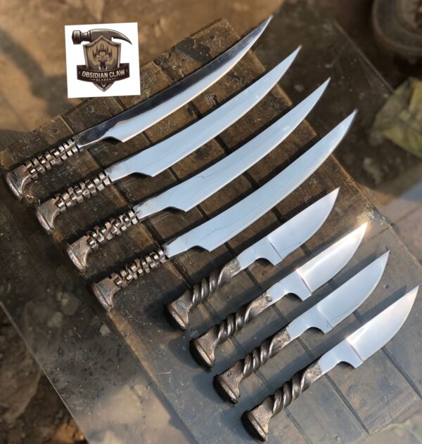 The lot of 4 fillet knives, 4 Skinner knives, Railroad Spikes knife. 

Skinner knife Length: 8 inches.  

Fishing Fillet knife: 13 inches. - Image 4