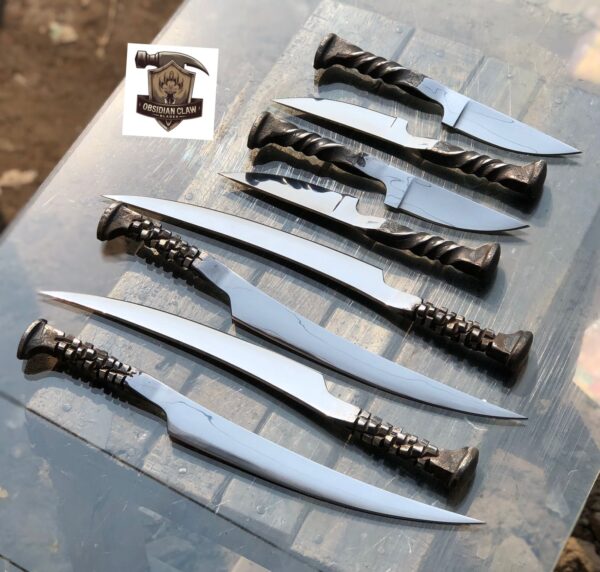 The lot of 4 fillet knives, 4 Skinner knives, Railroad Spikes knife. 

Skinner knife Length: 8 inches.  

Fishing Fillet knife: 13 inches. - Image 2