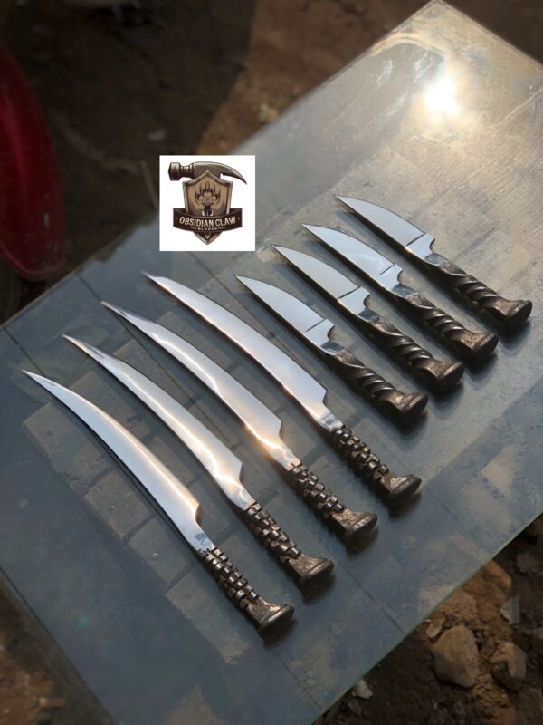 The lot of 4 fillet knives, 4 Skinner knives, Railroad Spikes knife. 

Skinner knife Length: 8 inches.  

Fishing Fillet knife: 13 inches.