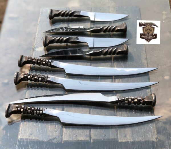 The lot of 4 fillet knives, 4 Skinner knives, Railroad Spikes knife. 

Skinner knife Length: 8 inches.  

Fishing Fillet knife: 13 inches. - Image 3