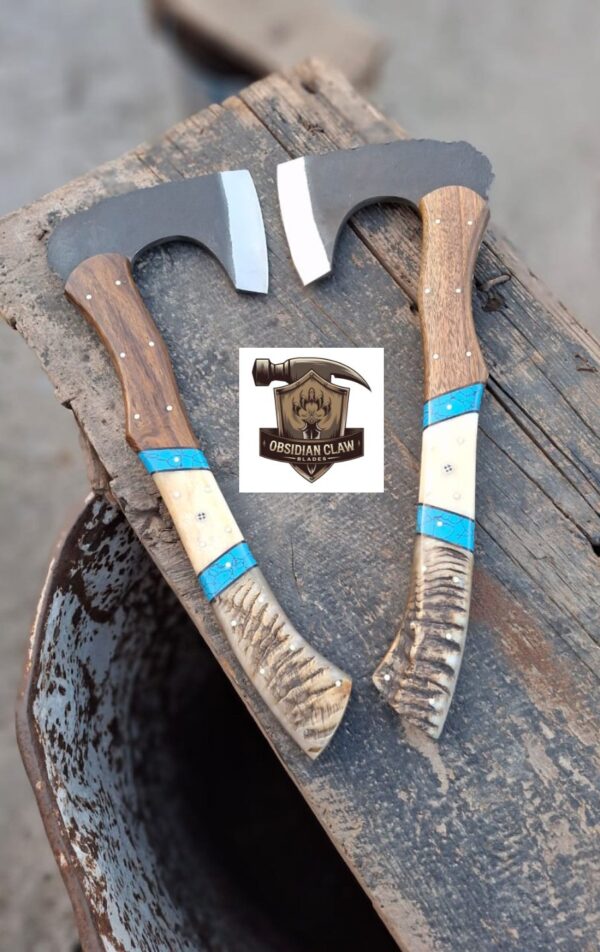 Lot of "2" Handmade 1095 high carbon steel vikings  throwing hatchet  with leather cover. 
Handle made with the combination  of ram horn and camel bone and rose wood scales . Blue Turkish spacers.  Approximately  17 inches long.
6 inches head width. - Image 2