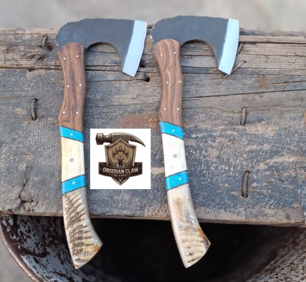 Lot of "2" Handmade 1095 high carbon steel vikings  throwing hatchet  with leather cover. 
Handle made with the combination  of ram horn and camel bone and rose wood scales . Blue Turkish spacers.  Approximately  17 inches long.
6 inches head width. - Image 3