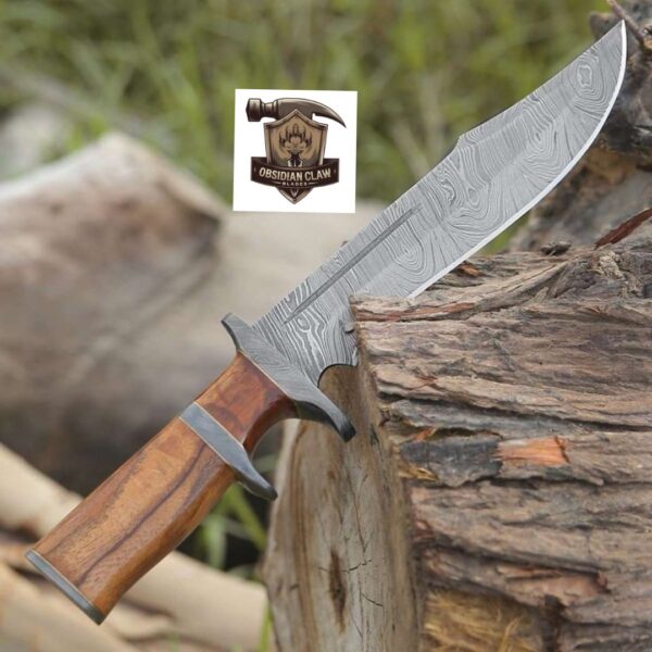 Handmade Damascus steel Bowie Knife 15 ” Hunting Knife With Leather Sheath.

Overall length: 15 inches. 
Blade length: 10 inches. 
Handle Length: 5 inches.