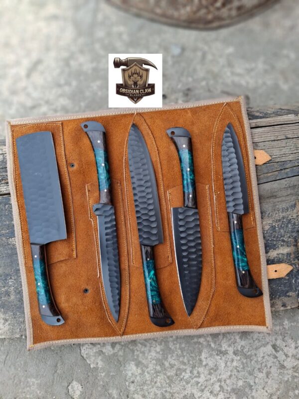 Handmade BBQ  5 pcs black coated  kitchen knives set 
High carbon steel black coated blades and custom-made scle made with  epoxy, resign, and wood
All the knives  come with a leather rolling bag.
Approximately  knives length is 9" to 14" inches - Image 2