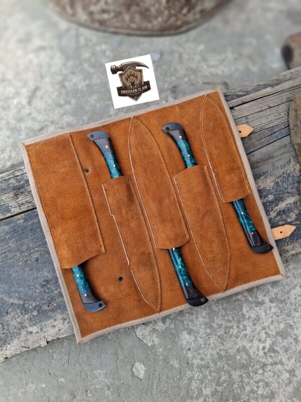 Handmade BBQ  5 pcs black coated  kitchen knives set 
High carbon steel black coated blades and custom-made scle made with  epoxy, resign, and wood
All the knives  come with a leather rolling bag.
Approximately  knives length is 9" to 14" inches - Image 3