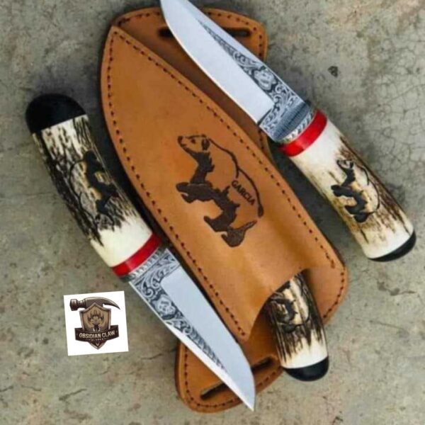 Lot of "2" Custome Handmade D2 steel Engraving  hunting knives with leather sheath. - Image 2
