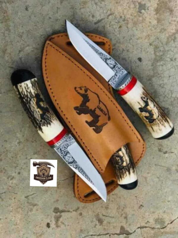 Lot of "2" Custome Handmade D2 steel Engraving  hunting knives with leather sheath.
