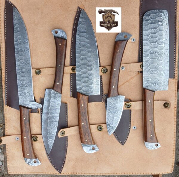 Handmade BBQ  5 pcs Damascus steel kitchen knives set.
High carbon Damascus steel blades and custom-made scle made with Italy wood.
All the knives  come with a leather rolling bag.
Approximately  knives length is 9" to 14" inches - Image 3
