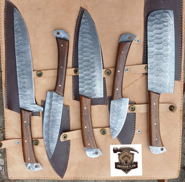 Handmade BBQ  5 pcs Damascus steel kitchen knives set.
High carbon Damascus steel blades and custom-made scle made with Italy wood.
All the knives  come with a leather rolling bag.
Approximately  knives length is 9" to 14" inches - Image 4