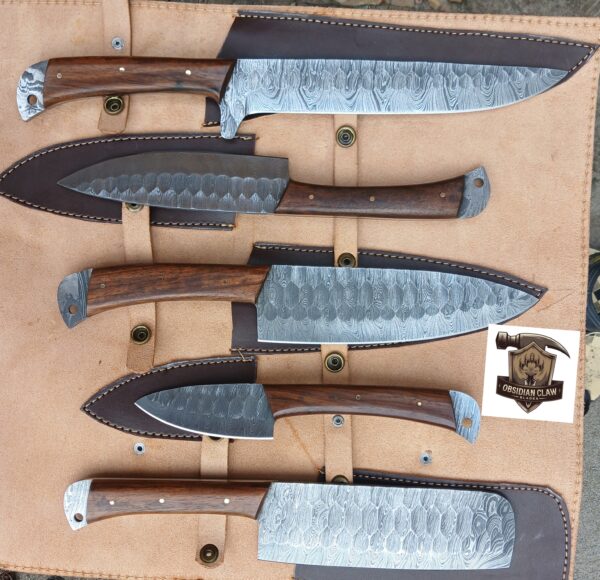 Handmade BBQ  5 pcs Damascus steel kitchen knives set.
High carbon Damascus steel blades and custom-made scle made with Italy wood.
All the knives  come with a leather rolling bag.
Approximately  knives length is 9" to 14" inches - Image 2