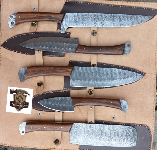 Handmade BBQ  5 pcs Damascus steel kitchen knives set.
High carbon Damascus steel blades and custom-made scle made with Italy wood.
All the knives  come with a leather rolling bag.
Approximately  knives length is 9" to 14" inches