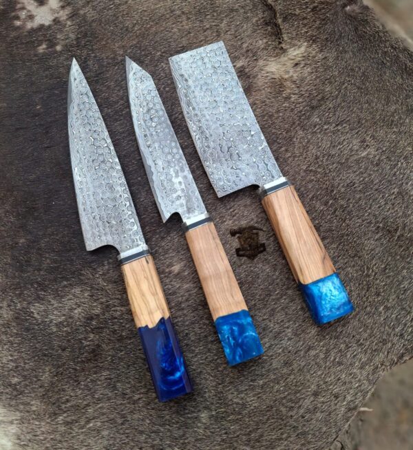 Unique Handmade Raindrops (3 PCS) Japanese kitchen knife sets/ Leather kit.
