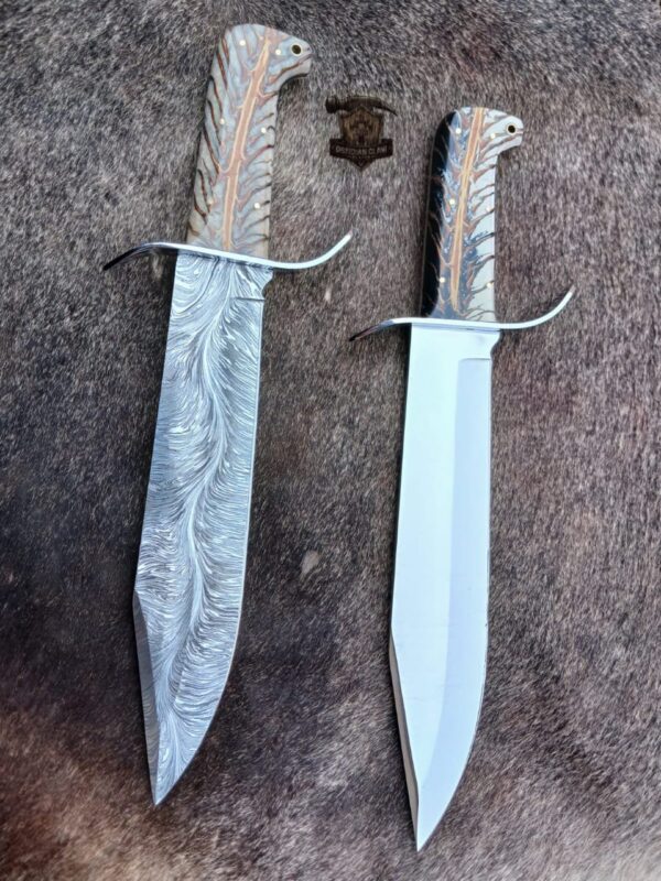 Lot of "2" Custome Handmade unique new blade pattern Damascus Snake and J2 high palash Bowie knife / Leather sheath. - Image 3