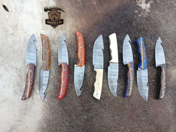 Lot of "9" Unique Custom Handmade Damascus Steel Gut hook Skinner knife / genuine leather sheath. - Image 2