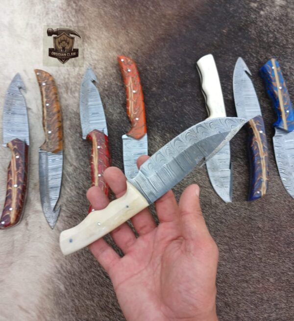 Lot of "9" Unique Custom Handmade Damascus Steel Gut hook Skinner knife / genuine leather sheath. - Image 5