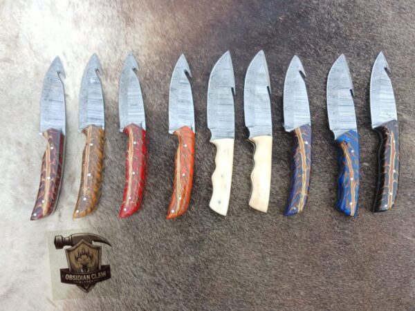 Lot of "9" Unique Custom Handmade Damascus Steel Gut hook Skinner knife / genuine leather sheath.