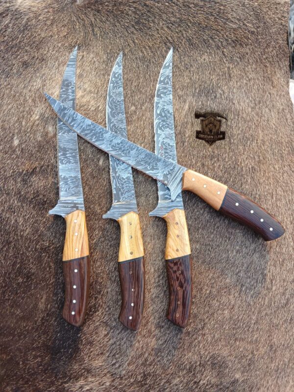 Lot of "4" Custome Handmade Damascus Steel Fishing Fillet knife/ Leather sheath.