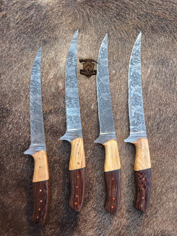Lot of "4" Custome Handmade Damascus Steel Fishing Fillet knife/ Leather sheath. - Image 3