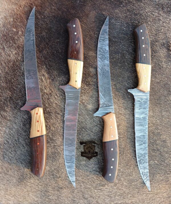 Lot of "4" Custome Handmade Damascus Steel Fishing Fillet knife/ Leather sheath. - Image 2
