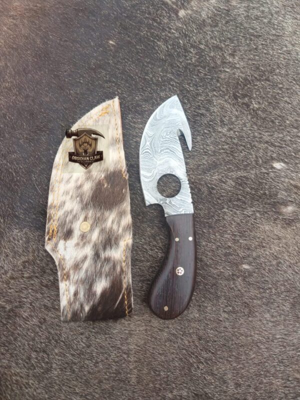Custome Handmade Damascus Steel gut hook knife / leather sheath. - Image 6