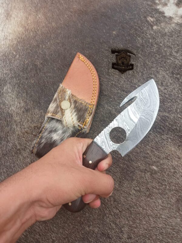 Custome Handmade Damascus Steel gut hook knife / leather sheath. - Image 3