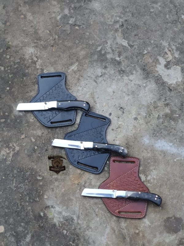 Lot of "3" Underlock folding knife J2 steel blade high polished mirror / leather sheath.