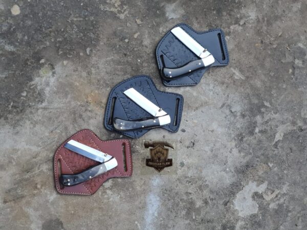 Lot of "3" Underlock folding knife J2 steel blade high polished mirror / leather sheath. - Image 3