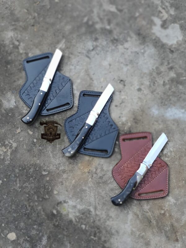 Lot of "3" Underlock folding knife J2 steel blade high polished mirror / leather sheath. - Image 2