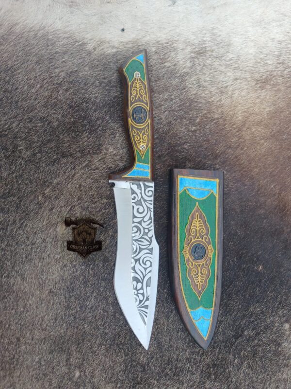 Unique Handmade 440C steel Etching blade high polished mirror Bowie knife with wooden scabbard engraving. - Image 2