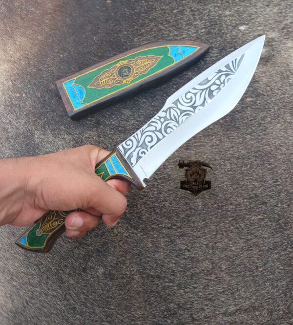 Unique Handmade 440C steel Etching blade high polished mirror Bowie knife with wooden scabbard engraving. - Image 4