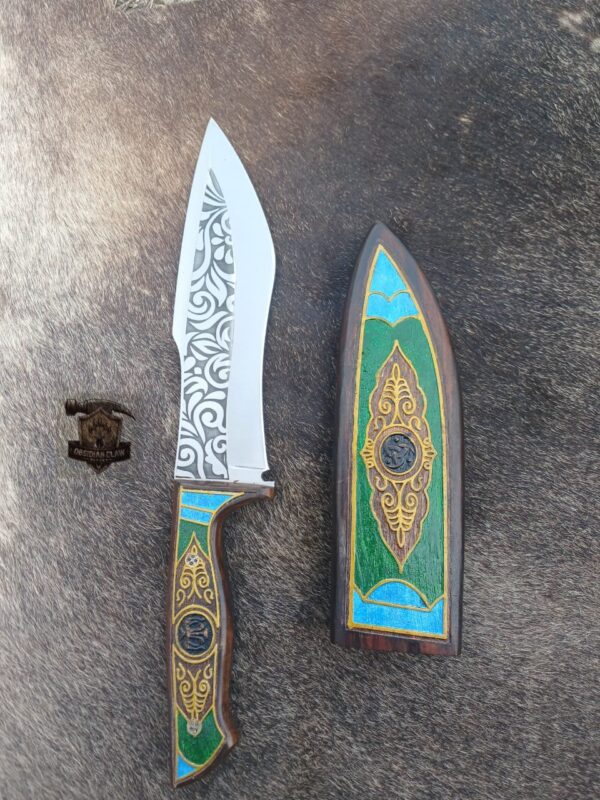 Unique Handmade 440C steel Etching blade high polished mirror Bowie knife with wooden scabbard engraving.
