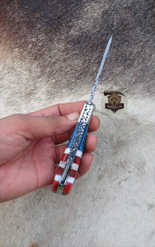 Custome Handmade Damascus Steel Blade Pocket knife American flag design with leather sheath. - Image 5