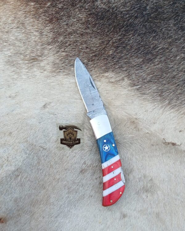 Custome Handmade Damascus Steel Blade Pocket knife American flag design with leather sheath. - Image 4