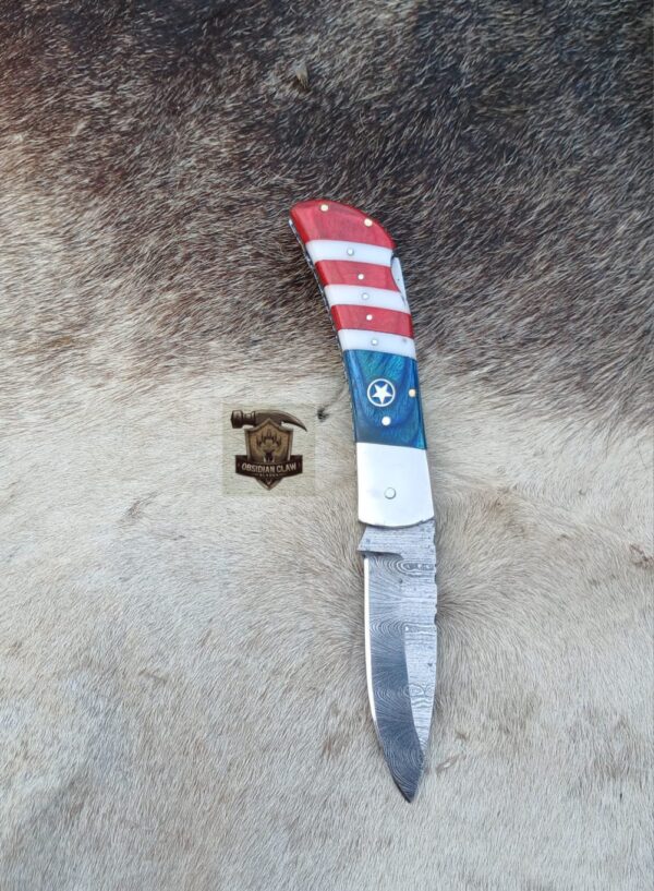 Custome Handmade Damascus Steel Blade Pocket knife American flag design with leather sheath. - Image 3