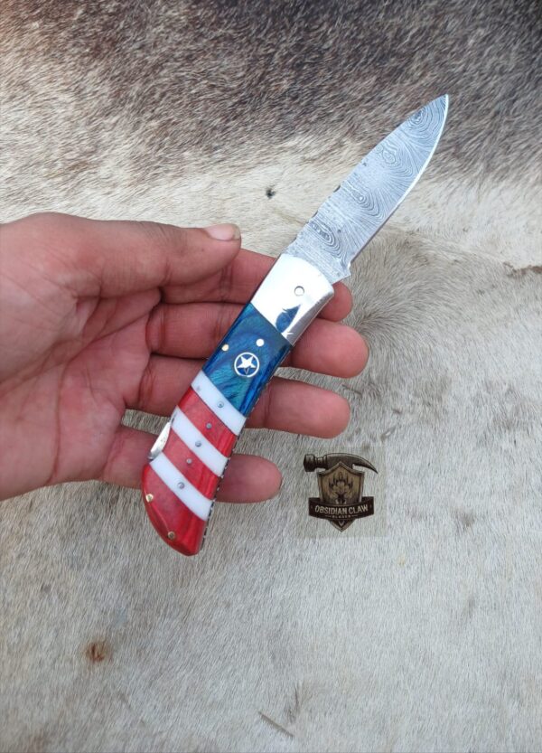 Custome Handmade Damascus Steel Blade Pocket knife American flag design with leather sheath.