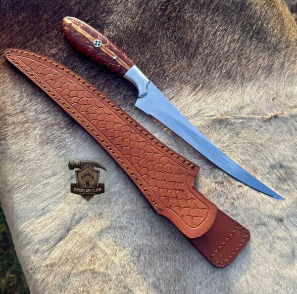 Lots of "3" Unique new item Custome Handmade 440C steel high polished mirror Fishing Fillet knife set with leather sheath. - Image 5