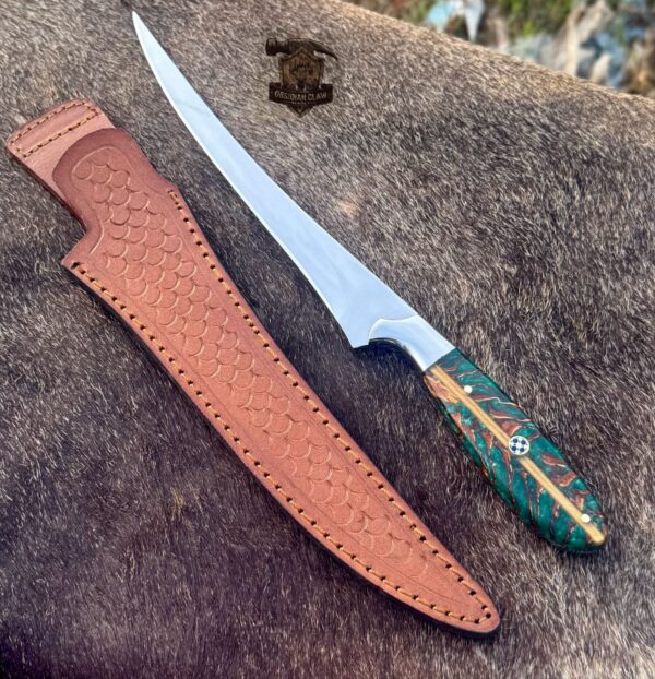 Lots of "3" Unique new item Custome Handmade 440C steel high polished mirror Fishing Fillet knife set with leather sheath. - Image 3