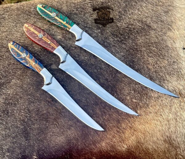 Lots of "3" Unique new item Custome Handmade 440C steel high polished mirror Fishing Fillet knife set with leather sheath.