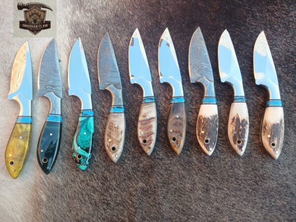 Lots of "12" Custome Handmade Mixture of Damascus steel and J2 steel Skinner knife with leather sheath.