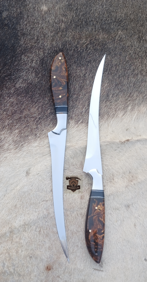 Lots of "2" Custome Handmade J2 steel high palash mirror Fishing Fillet knife with leather sheath. - Image 4