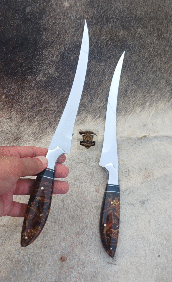 Lots of "2" Custome Handmade J2 steel high palash mirror Fishing Fillet knife with leather sheath.