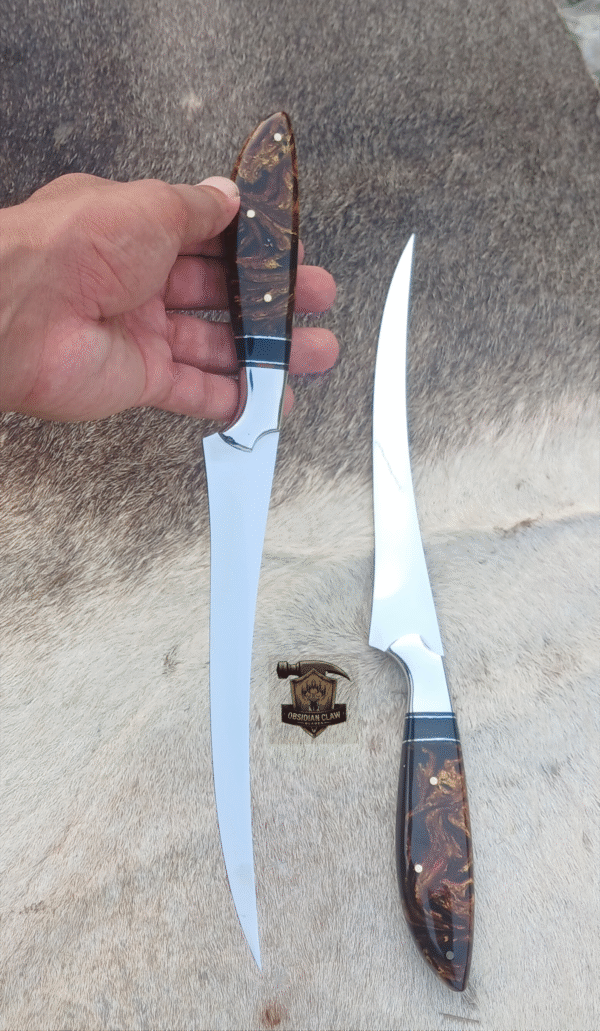 Lots of "2" Custome Handmade J2 steel high palash mirror Fishing Fillet knife with leather sheath. - Image 2