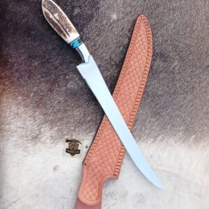 Custome Handmade 440C steel blade high palash mirror Fishing Fillet knife with leather sheath.