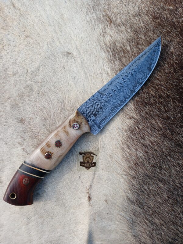 Custom Handmade Damascus steel Skinner knife with leather sheath.